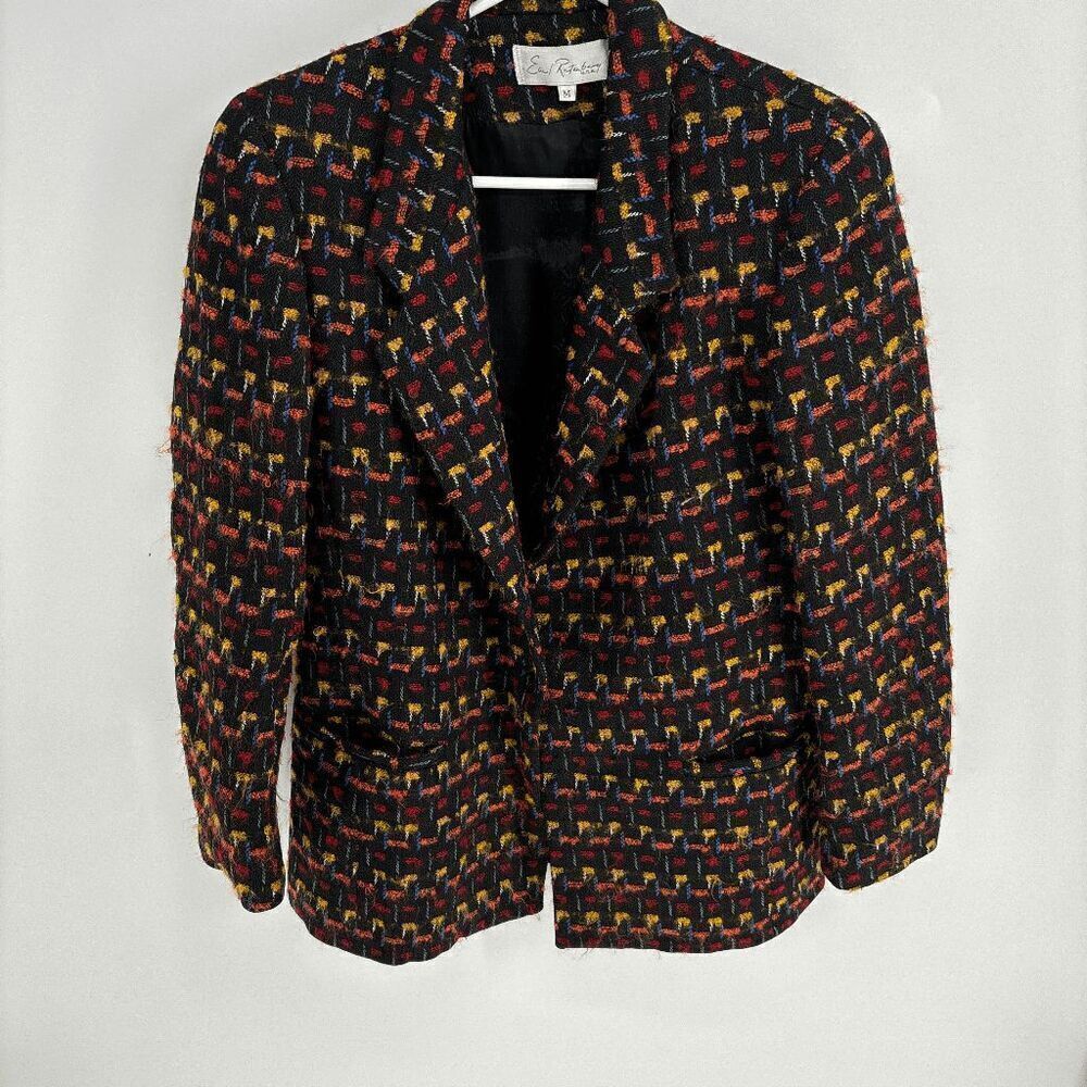 Emil Rutenberg Vintage Womens Wool Rainbow Black Plaid Knit Blazer Medium